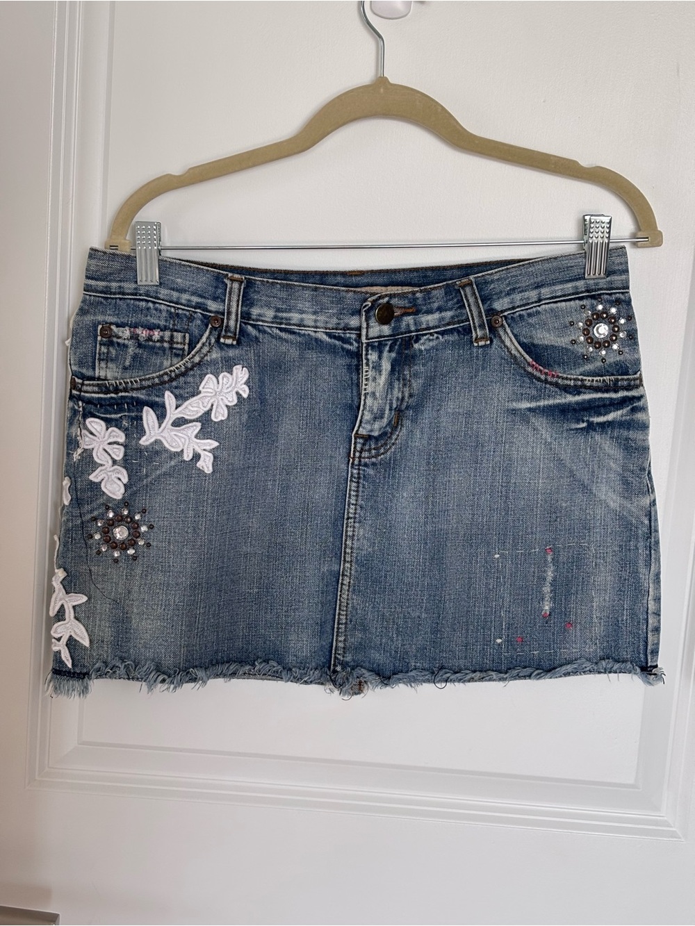 7 For All Mankind Embellished Floral Rhinestone Denim Mini Skirt Y2K